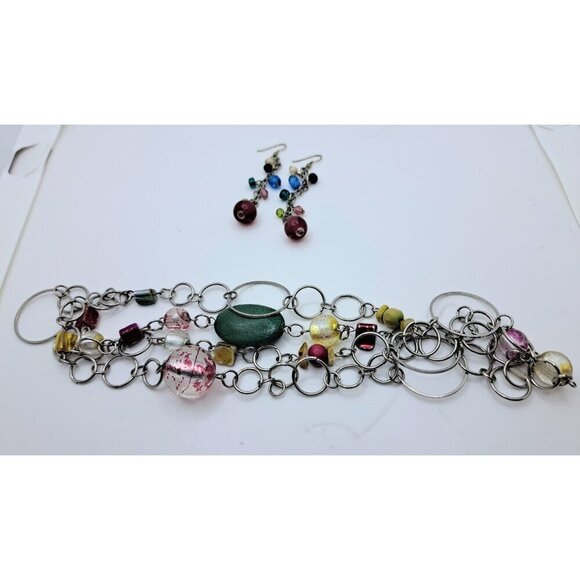 Women's Nautical Bead Necklace & Earrings Multicolor & Silver Tone Pink Green - Picture 1 of 5